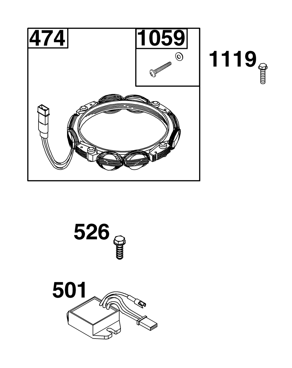Alternator Group Diagram and Parts List for 44C877-0003-B5 400000 - 699999 Briggs and Stratton Engine